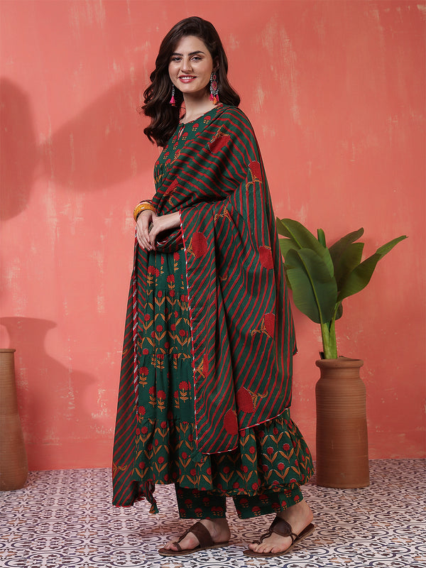 Cotton Calf Length Printed 3/4 Sleeves Key Hole Neck Anarkali Kurta Suit Set