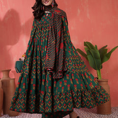 Cotton Calf Length Printed 3/4 Sleeves Key Hole Neck Anarkali Kurta Suit Set
