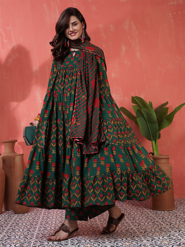 Cotton Calf Length Printed 3/4 Sleeves Key Hole Neck Anarkali Kurta Suit Set