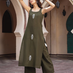 Gulmohar Jaipur Rayon Calf Length Solid Sleeveless Round Neck Straight Kurta Suit Set