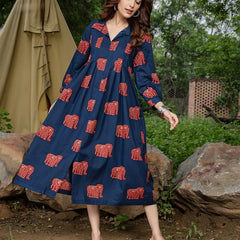 Gulmohar Jaipur Cotton Calf Length Printed Full Sleeve Shirt Collar Flared Dress