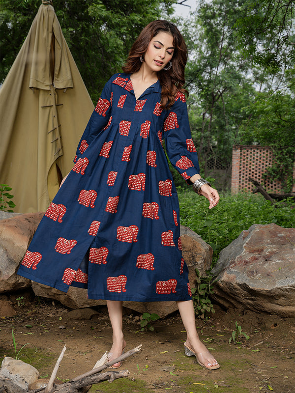 Gulmohar Jaipur Cotton Calf Length Printed Full Sleeve Shirt Collar Flared Dress
