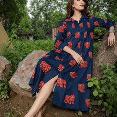 Gulmohar Jaipur Cotton Calf Length Printed Full Sleeve Shirt Collar Flared Dress