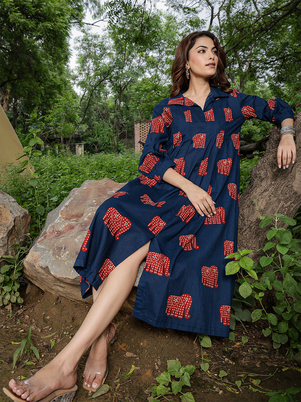 Gulmohar Jaipur Cotton Calf Length Printed Full Sleeve Shirt Collar Flared Dress