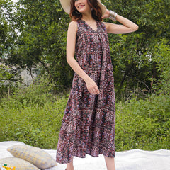 Gulmohar Jaipur Rayon Calf Length Printed Sleeveless V-Neck Flared Dress