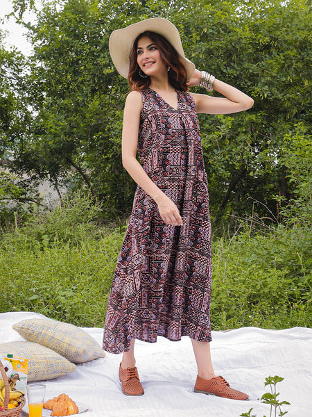 Gulmohar Jaipur Rayon Calf Length Printed Sleeveless V-Neck Flared Dress
