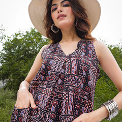 Gulmohar Jaipur Rayon Calf Length Printed Sleeveless V-Neck Flared Dress