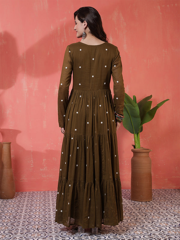 Cotton Ankle  Length Printed Full- Sleeves V-Neck Tired Kurta Suit Set