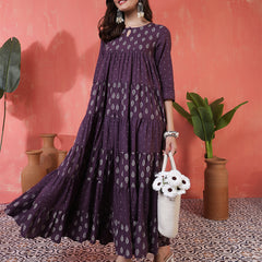 Cotton Calf Length Printed 3/4 Sleeves Key Hole Neck Flared Kurta