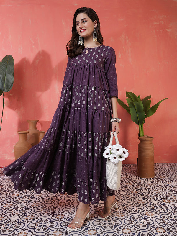 Cotton Calf Length Printed 3/4 Sleeves Key Hole Neck Flared Kurta