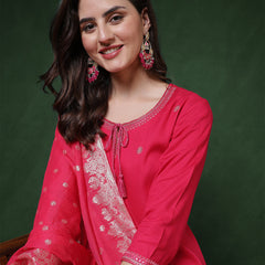 Pink Rayon Calf Length Solid 3/4 Sleeves Round Neck Straight Kurta Suit Set