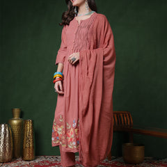 Peach Rayon Calf Length Solid 3/4 Sleeves Round Neck Semi-Flared Kurta Suit Set