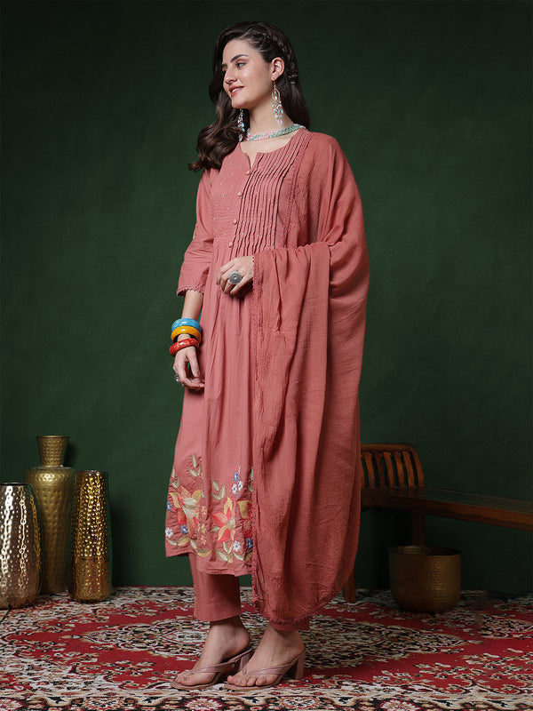 Peach Rayon Calf Length Solid 3/4 Sleeves Round Neck Semi-Flared Kurta Suit Set