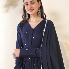 Cotton Ankle  Length Printed Full- Sleeves V-Neck Tired Kurta Suit Set