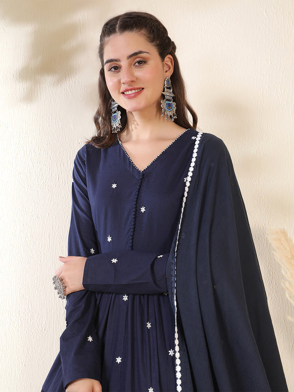 Cotton Ankle  Length Printed Full- Sleeves V-Neck Tired Kurta Suit Set