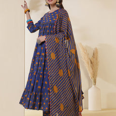 Cotton Calf Length Printed 3/4 Sleeves Key Hole Neck Anarkali Kurta Suit Set