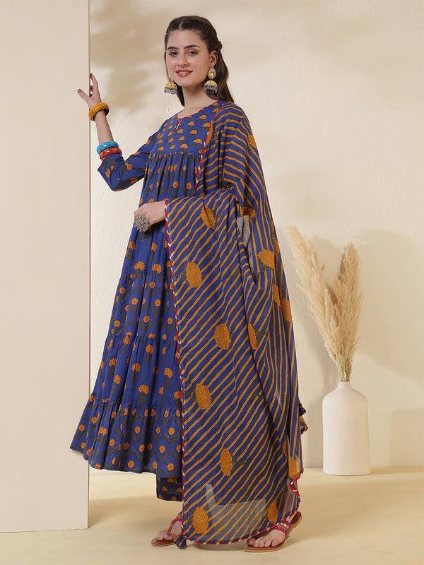 Cotton Calf Length Printed 3/4 Sleeves Key Hole Neck Anarkali Kurta Suit Set