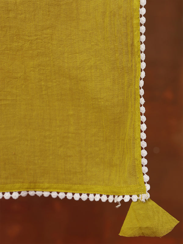 Lime Rayon Solid Hand-Work Round Neck Semi-Flared Kurta Suit Set