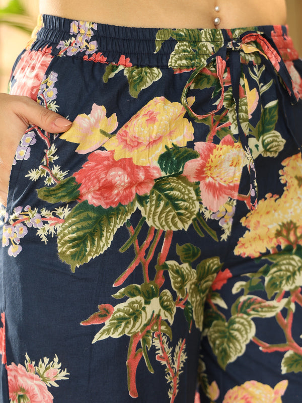 Blue Cotton Hip Length Printed Shirt Collar Flared Top Palazzo Set
