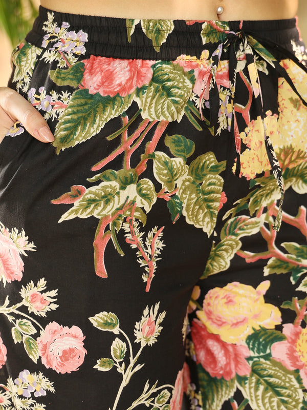Black Cotton Hip Length Printed Shirt Collar Flared Top Palazzo Set