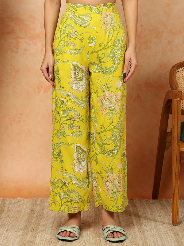Lime Rayon Calf Length Printed Mandarin Neck Straight Kurta Palazzo Set