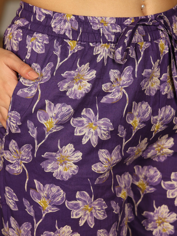 Purple Rayon Calf Length Printed V-Neck Semi-Flared Kurta Bottom Set