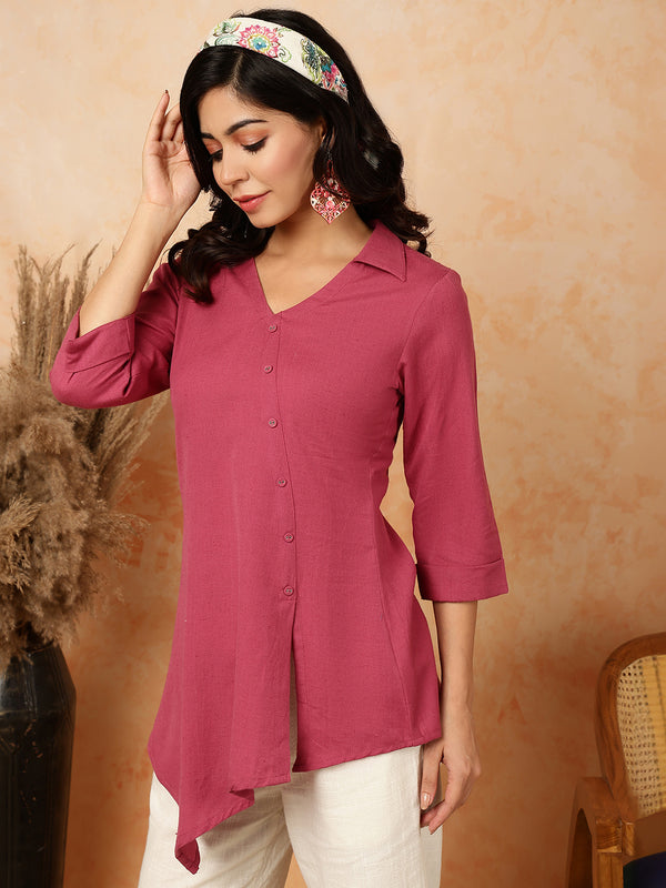 Magenta Cotton Flex Short/Hip Length Solid Shirt Coller Asymmetrical Top