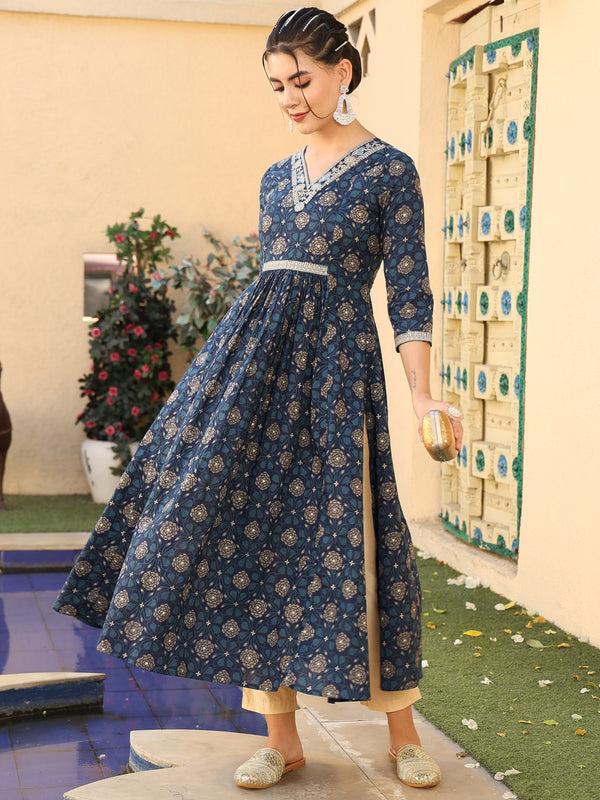 Navy Cotton Calf Length Printed Semi-Flared V-Neck Kurta