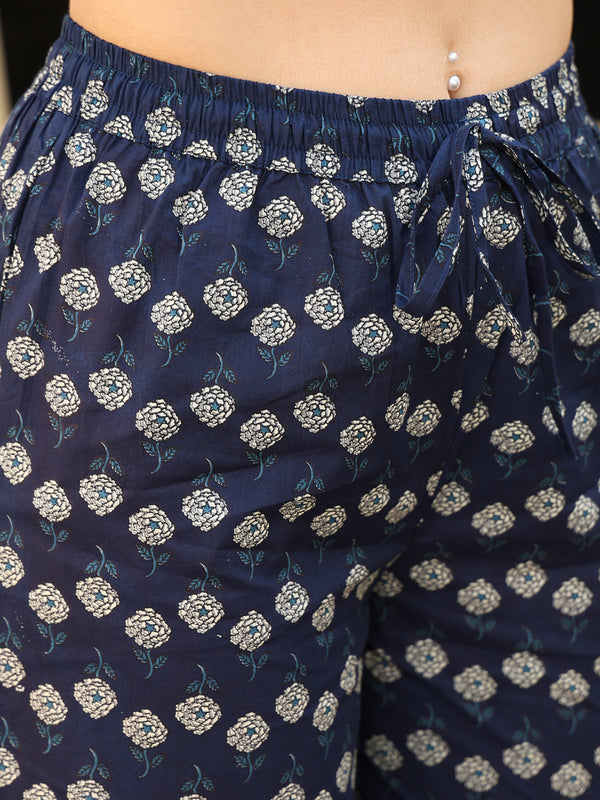 Navy Cotton Calf Length Printed Anarkali V-Neck Kurta Suit Set