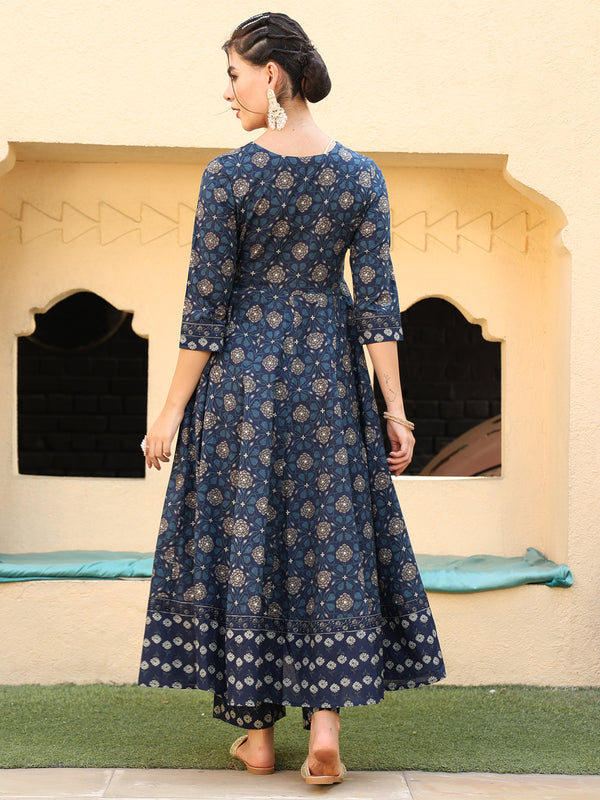 Navy Cotton Calf Length Printed Anarkali V-Neck Kurta Suit Set