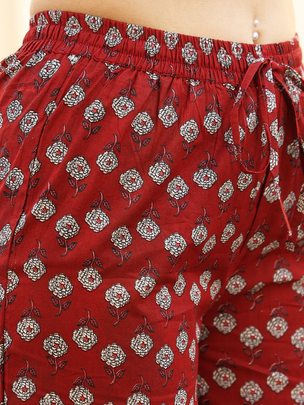 Maroon Cotton Calf Length Printed Anarkali V-Neck Kurta Suit Set