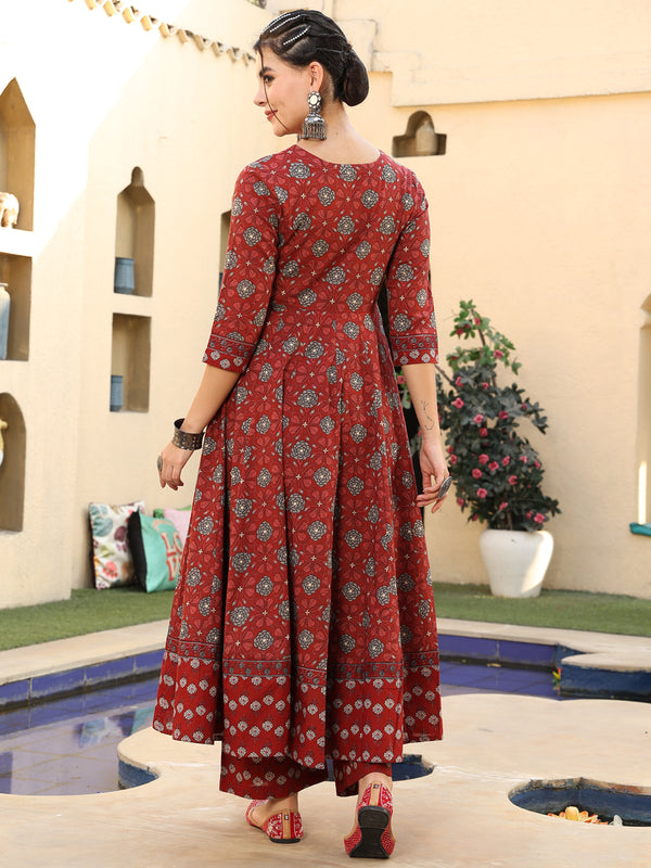 Maroon Cotton Calf Length Printed Anarkali V-Neck Kurta Suit Set