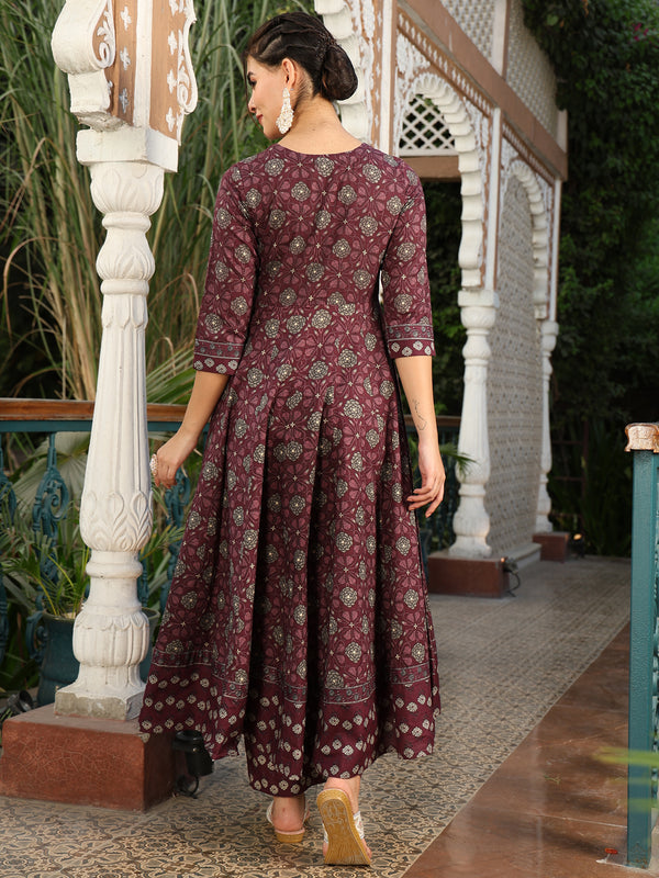 Wine Cotton Calf Length Printed Anarkali V-Neck Kurta Suit Set