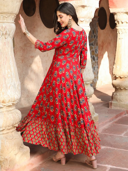 Maroon Block Printed Embroidered Flared Kurta