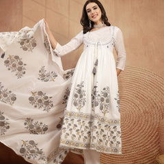 Gulmohar Jaipur Cotton Calf Length Printed 3/4 Sleeves Round Neck Flared Kurta Suit Set