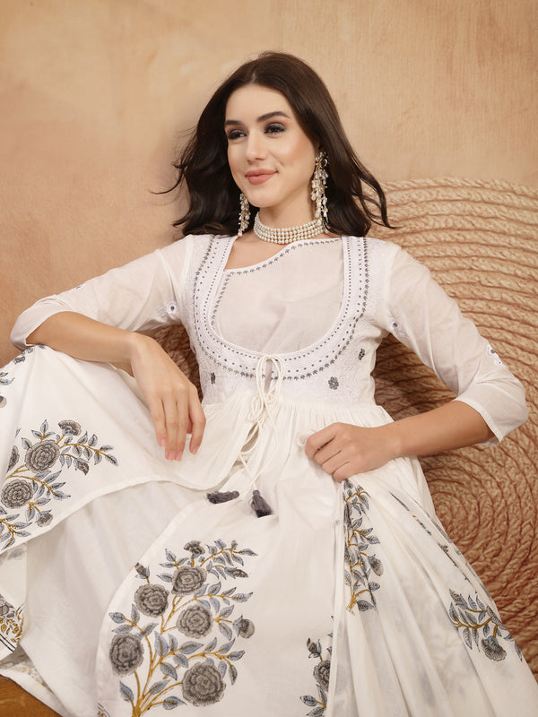 Gulmohar Jaipur Cotton Calf Length Printed 3/4 Sleeves Round Neck Flared Kurta Suit Set
