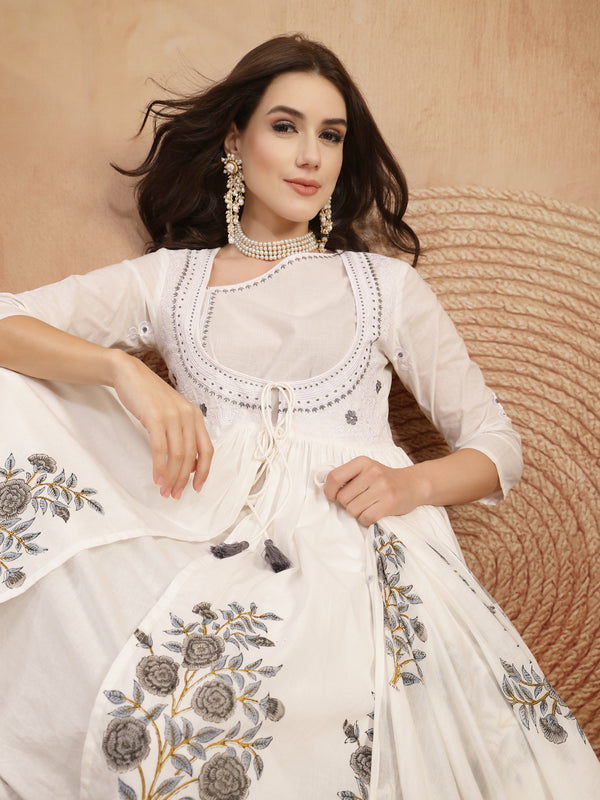 Gulmohar Jaipur Cotton Calf Length Printed 3/4 Sleeves Round Neck Flared Kurta Suit Set