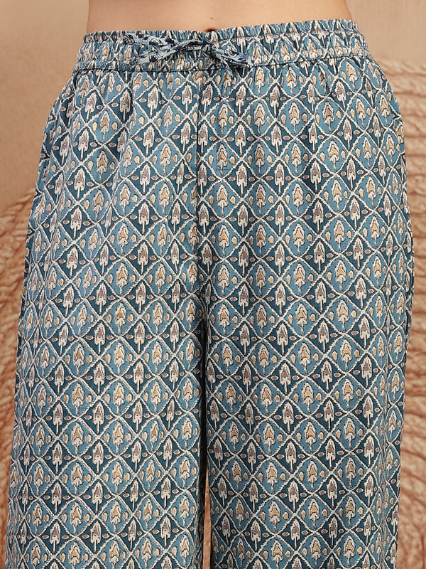 Gulmohar Jaipur Rayon Calf Length Printed 3/4 Sleeve Mandarin Collar A-Line Kurta Suit Set
