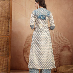 Gulmohar Jaipur Rayon Calf Length Printed 3/4 Sleeve Mandarin Collar A-Line Kurta Suit Set