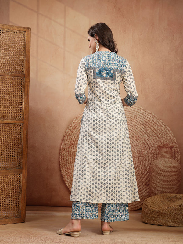 Gulmohar Jaipur Rayon Calf Length Printed 3/4 Sleeve Mandarin Collar A-Line Kurta Suit Set