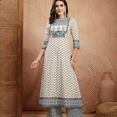 Gulmohar Jaipur Rayon Calf Length Printed 3/4 Sleeve Mandarin Collar A-Line Kurta Suit Set