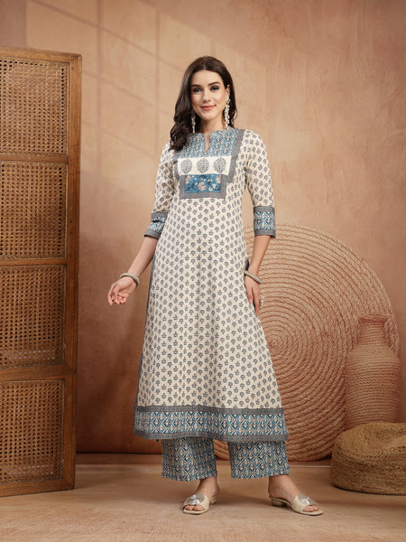 Gulmohar Jaipur Rayon Calf Length Printed 3/4 Sleeve Mandarin Collar A-Line Kurta Suit Set