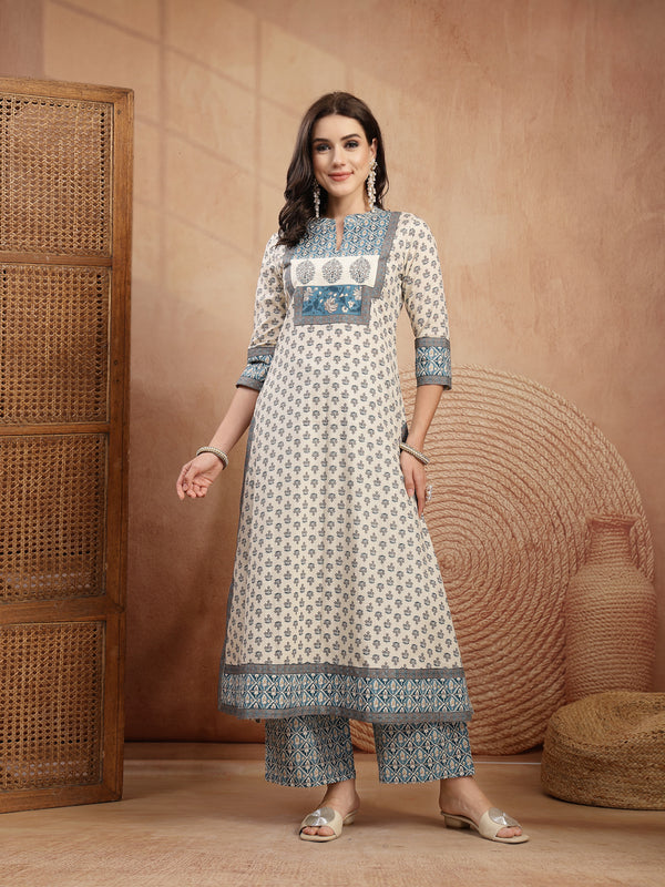 Gulmohar Jaipur Rayon Calf Length Printed 3/4 Sleeve Mandarin Collar A-Line Kurta Suit Set