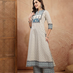 Gulmohar Jaipur Rayon Calf Length Printed 3/4 Sleeve Mandarin Collar A-Line Kurta Suit Set