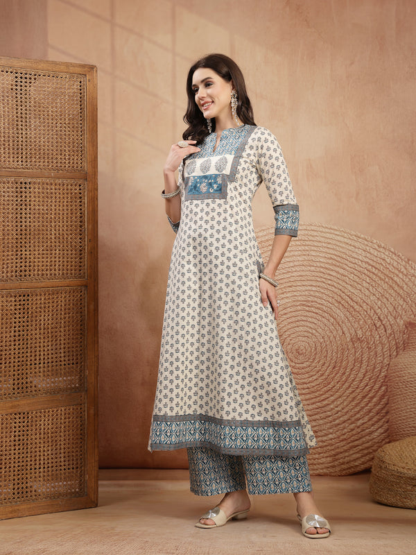 Gulmohar Jaipur Rayon Calf Length Printed 3/4 Sleeve Mandarin Collar A-Line Kurta Suit Set
