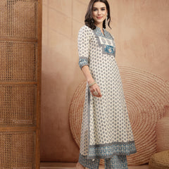 Gulmohar Jaipur Rayon Calf Length Printed 3/4 Sleeve Mandarin Collar A-Line Kurta Suit Set