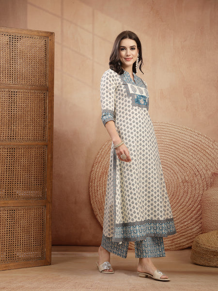 Gulmohar Jaipur Rayon Calf Length Printed 3/4 Sleeve Mandarin Collar A-Line Kurta Suit Set