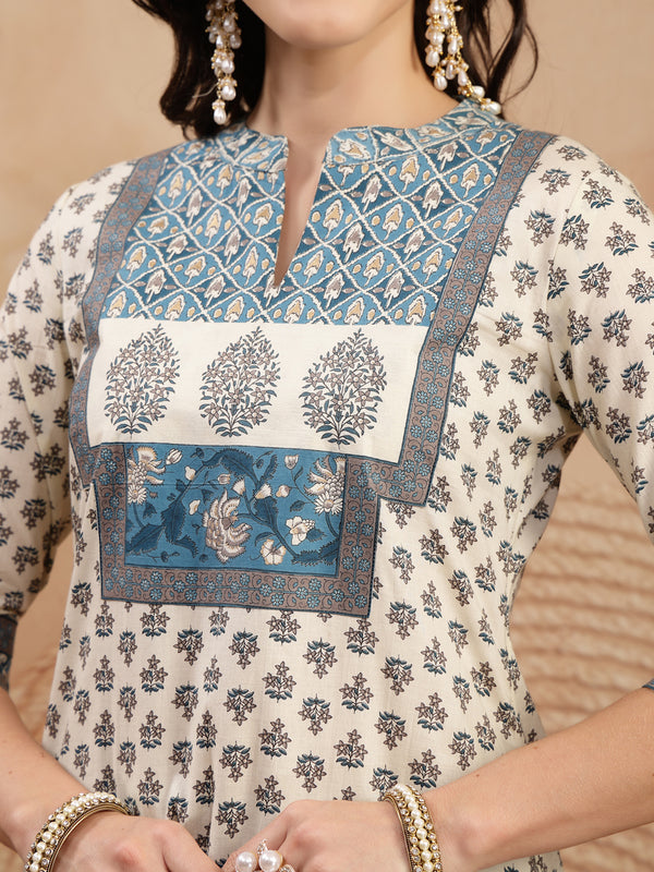 Gulmohar Jaipur Rayon Calf Length Printed 3/4 Sleeve Mandarin Collar A-Line Kurta Suit Set