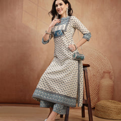Gulmohar Jaipur Rayon Calf Length Printed 3/4 Sleeve Mandarin Collar A-Line Kurta Suit Set