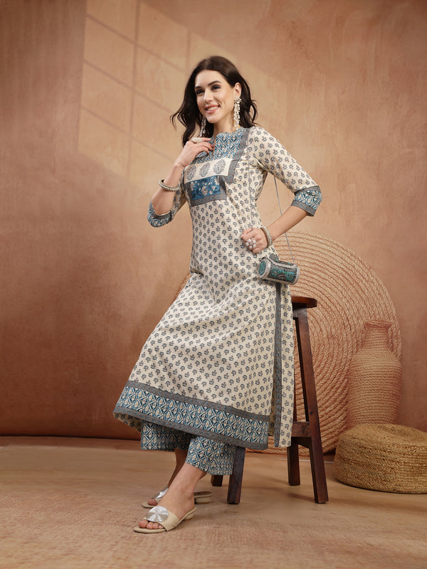 Gulmohar Jaipur Rayon Calf Length Printed 3/4 Sleeve Mandarin Collar A-Line Kurta Suit Set